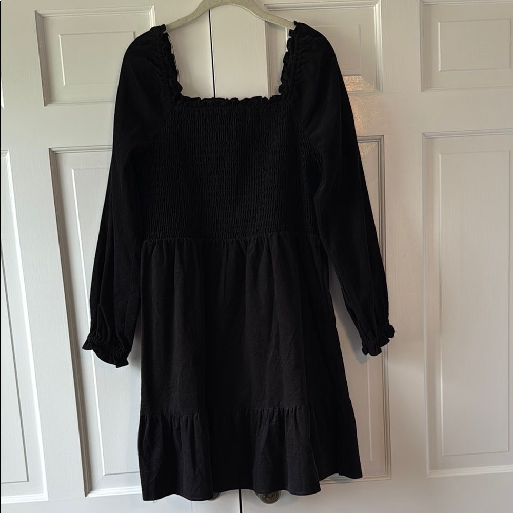 NWT TIME TRU BLACK CORDUROY SMOCKED SQUARE NECK LONG PUFF SLEEVE DRESS L 12-14